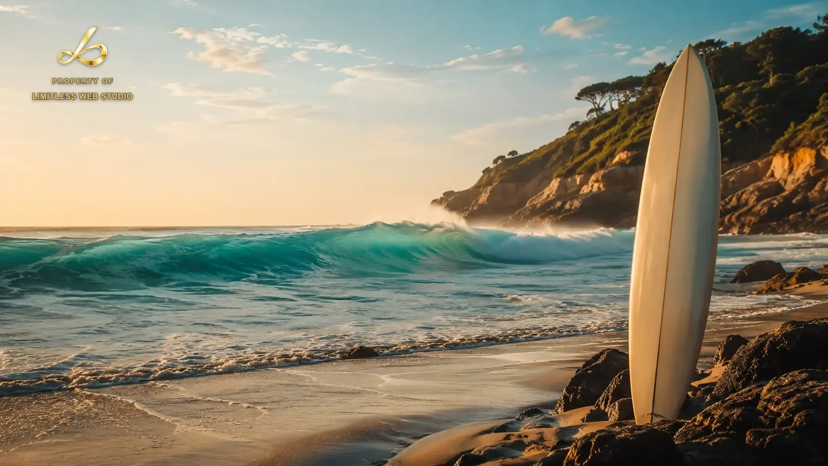Surfboard standing on a golden beach with a breaking wave