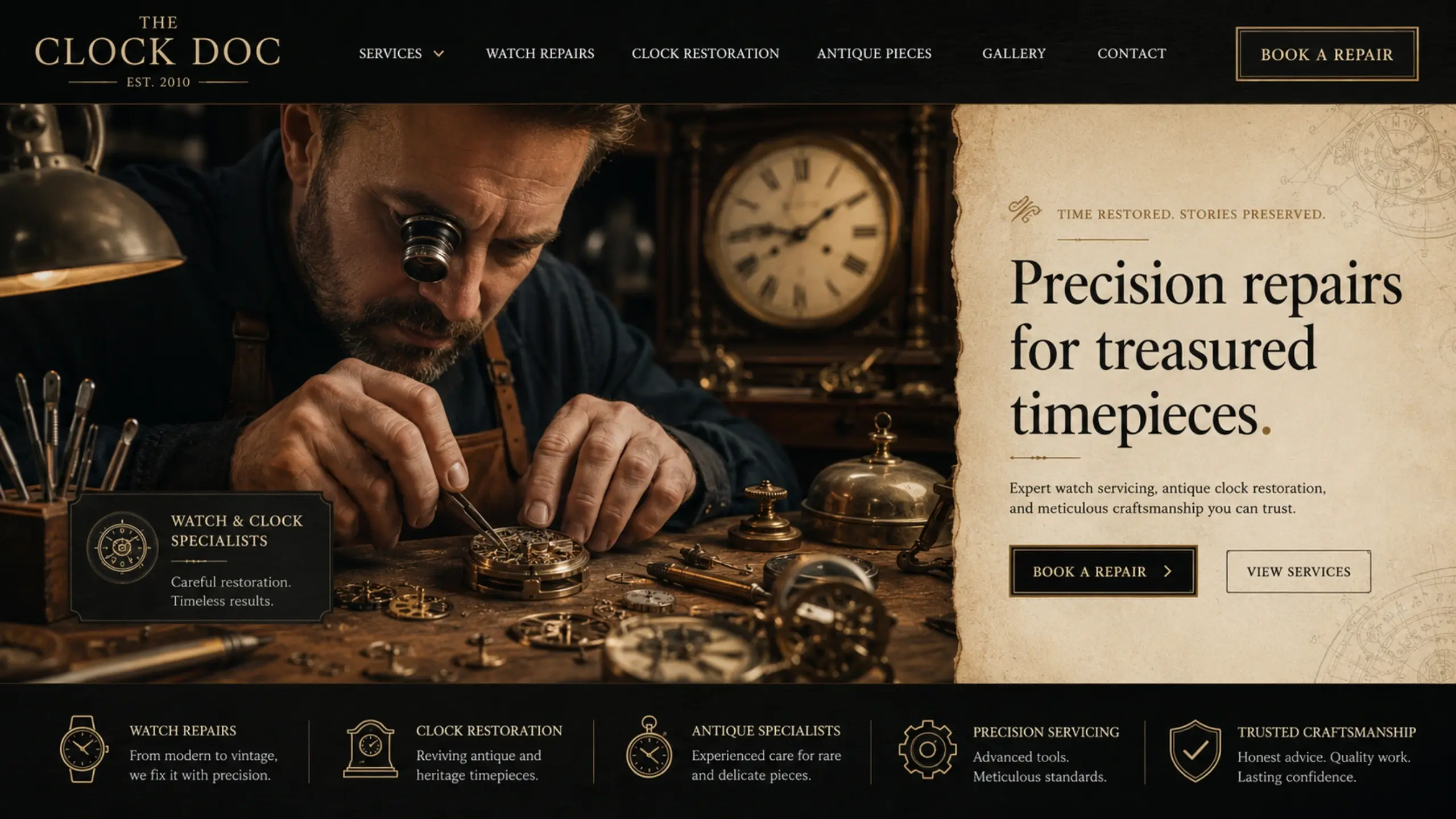 Watch & clock repair, example custom website concept