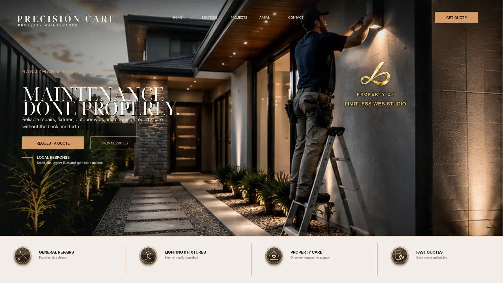 Precision Care, Property maintenance website hero design by Limitless Web Studio