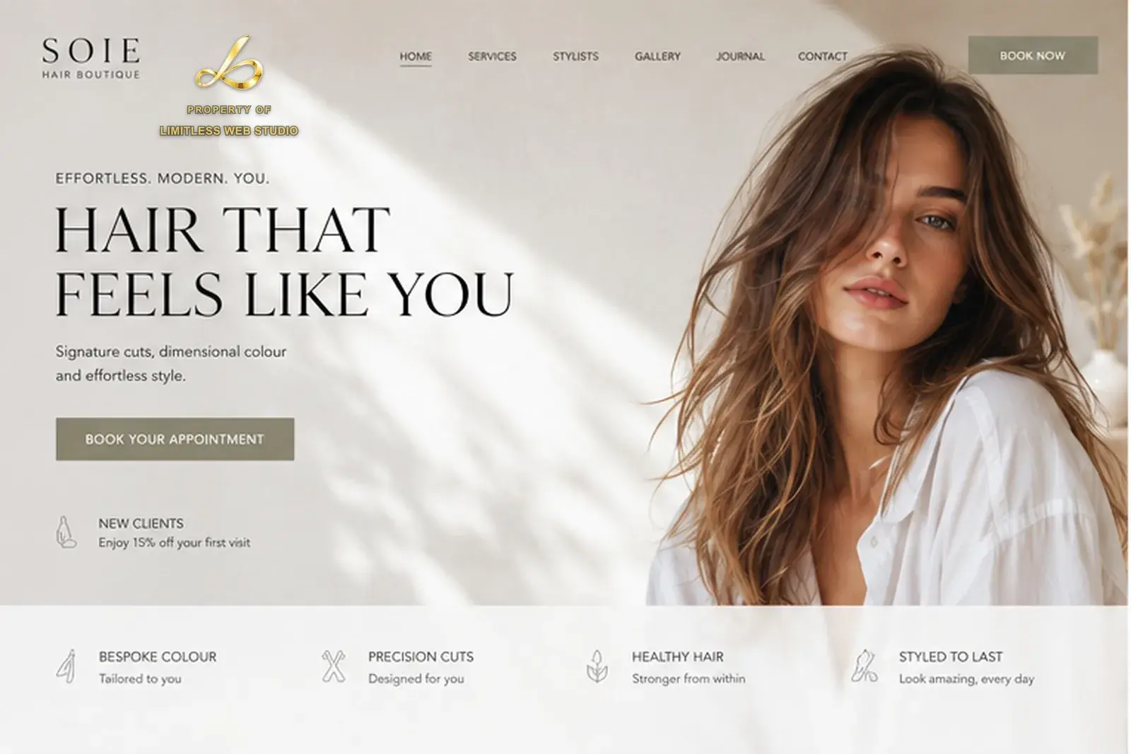 Soie Hair Boutique, Neutral editorial website hero design by Limitless Web Studio