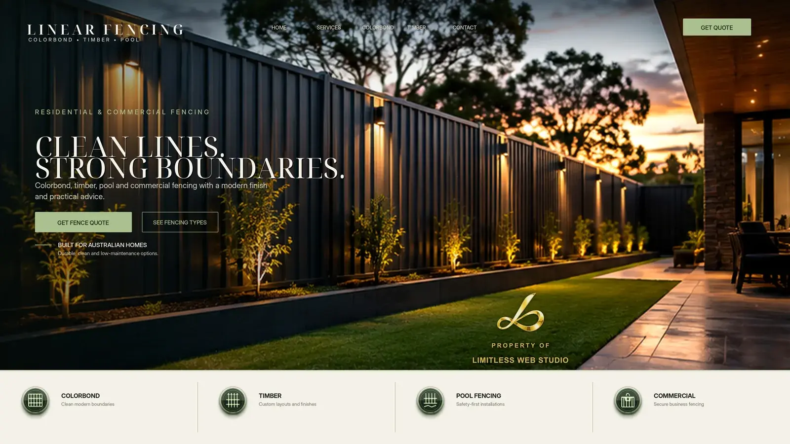 Linear Fencing, Colorbond · timber · pool website hero design by Limitless Web Studio