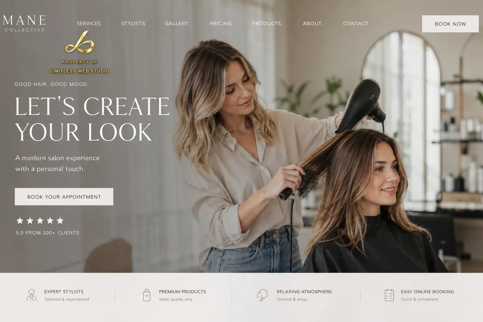Mane Collective, Blow-dry bar website hero design by Limitless Web Studio