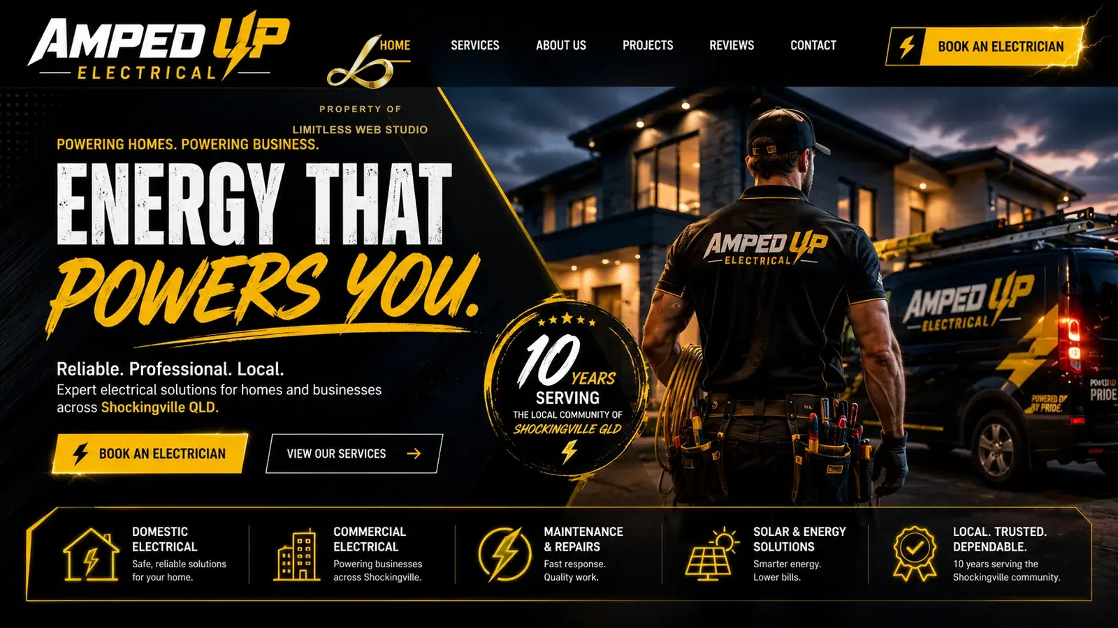Amped Up Electrical, Electrician website hero design by Limitless Web Studio