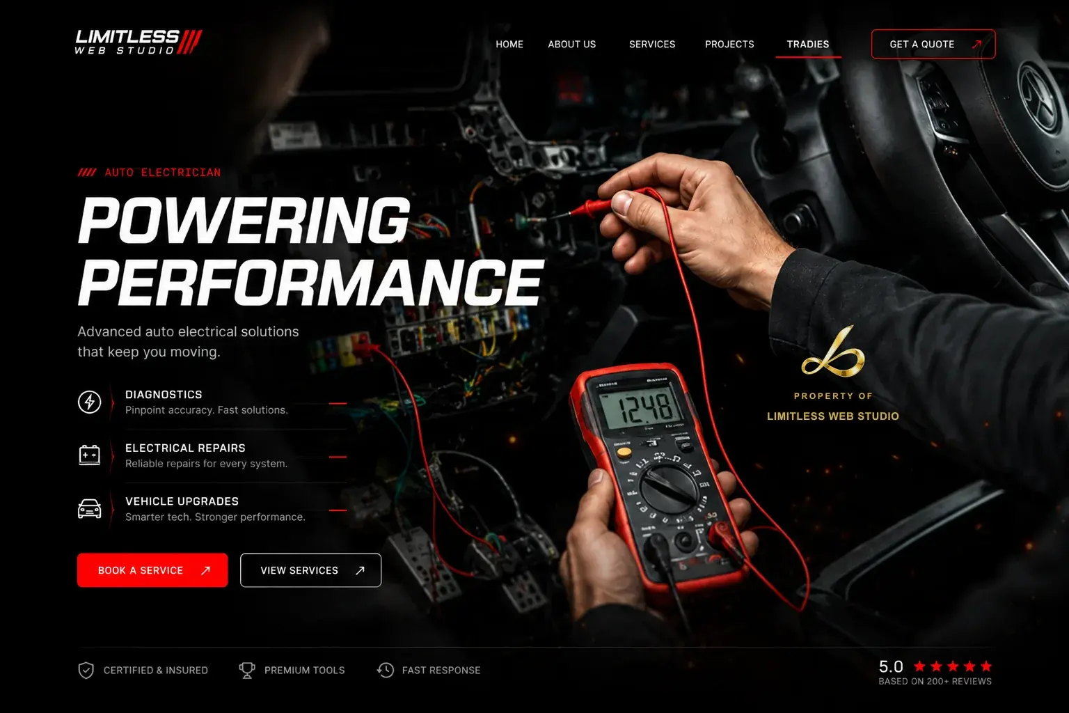 Powering Performance, Auto electrician website hero design by Limitless Web Studio