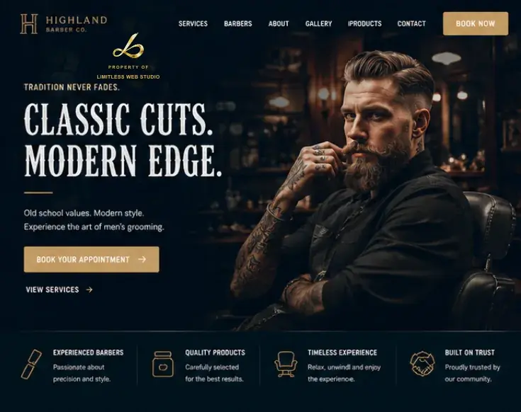 Highland Barber Co., Classic & moody website hero design by Limitless Web Studio