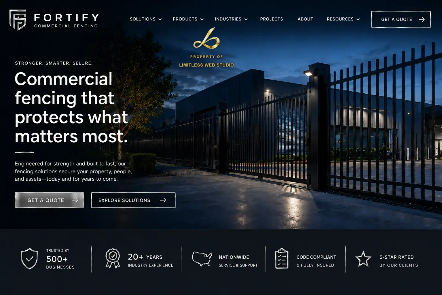 Fortify Commercial Fencing, Commercial fencing website hero design by Limitless Web Studio