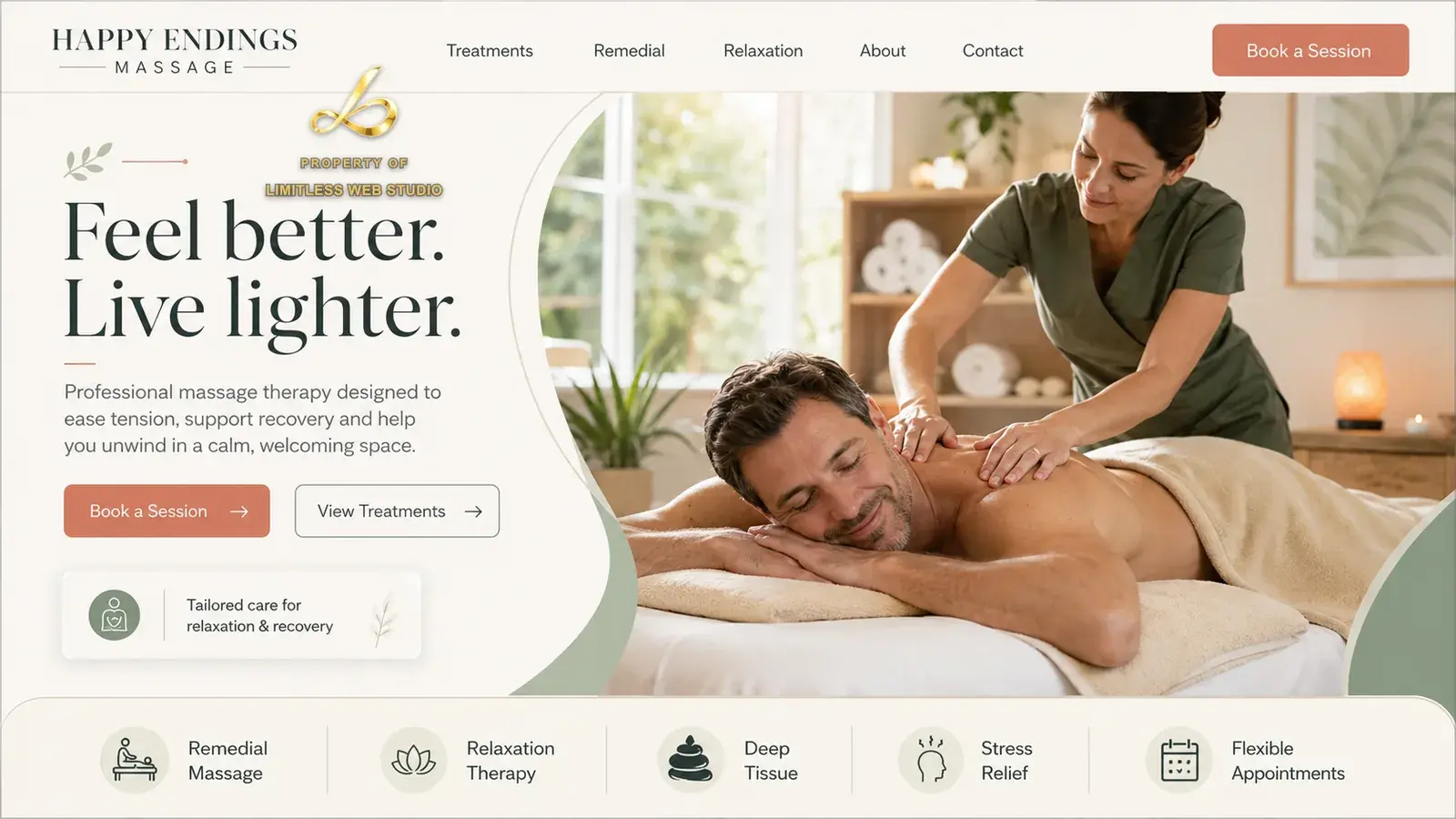 Happy Endings Massage, Massage therapy website hero design by Limitless Web Studio