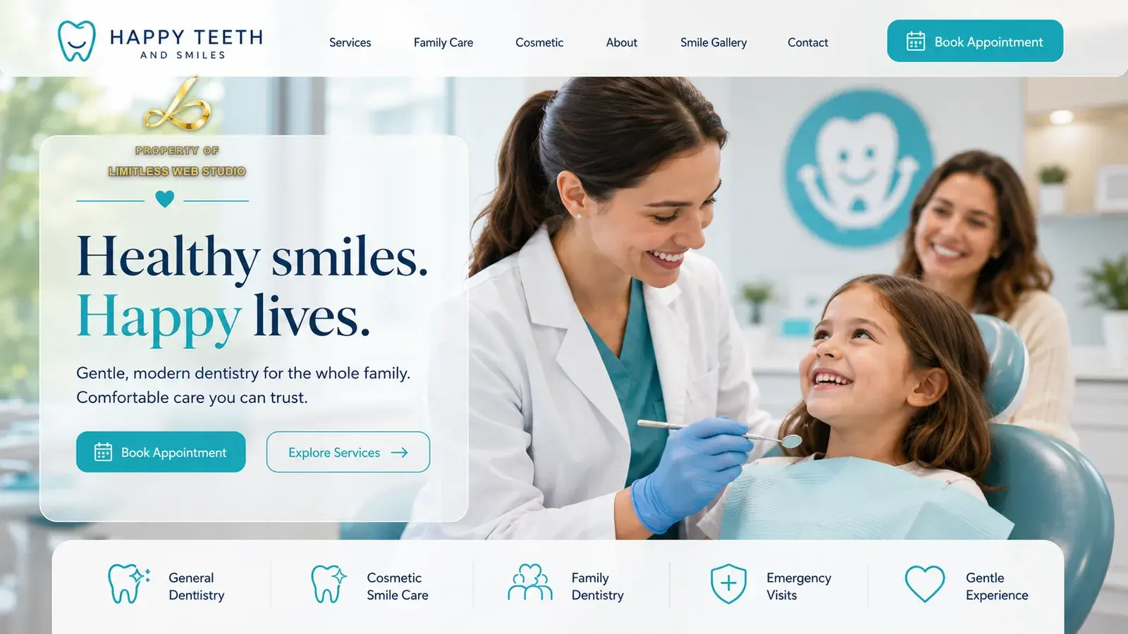 Happy Teeth & Smiles, Family dentistry website hero design by Limitless Web Studio