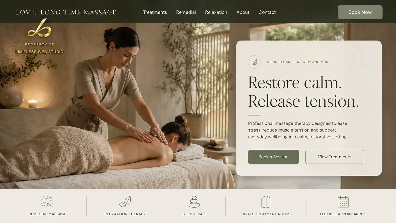 Lov U Long Time Massage, Massage & wellness website hero design by Limitless Web Studio