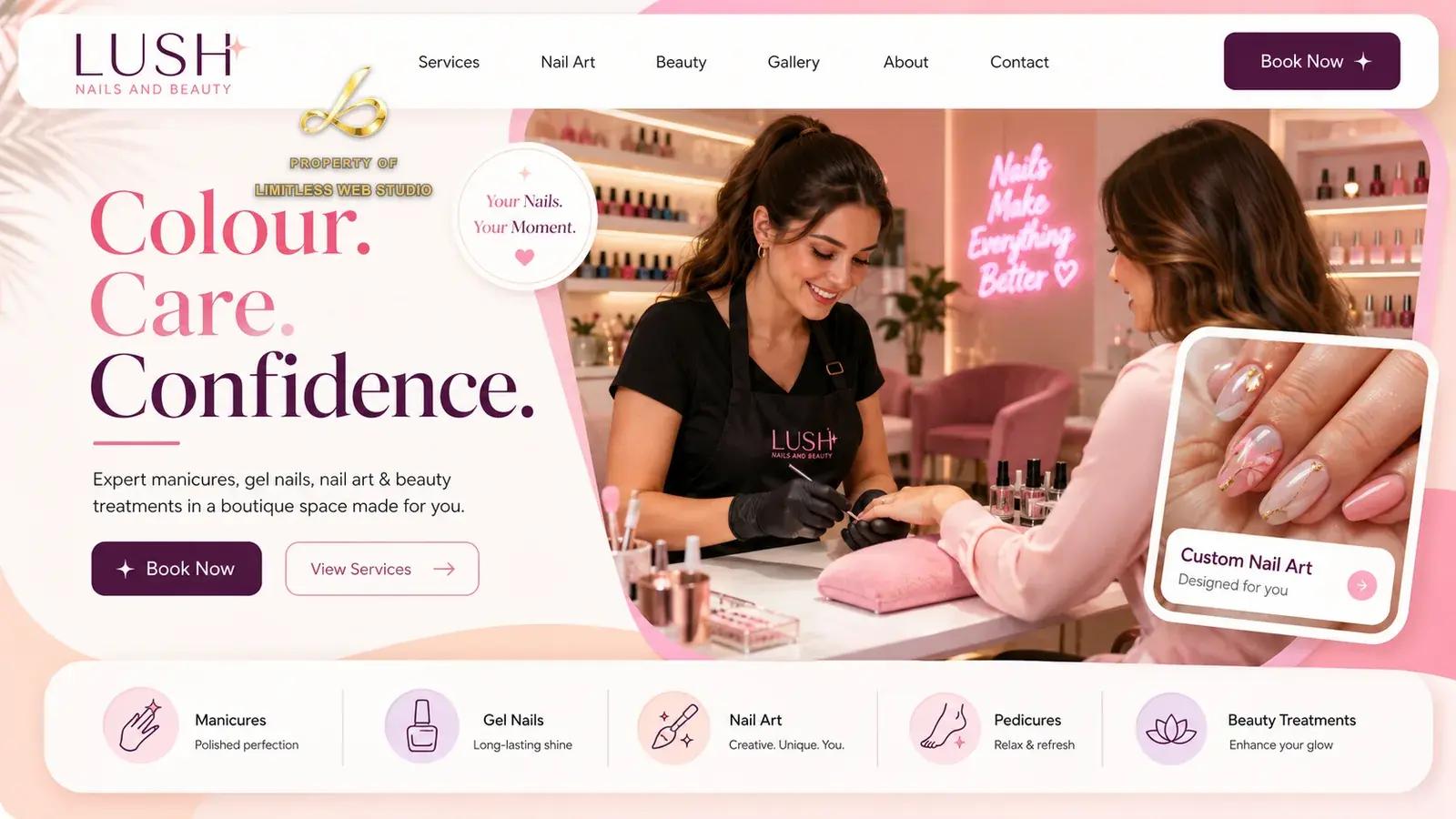 Lush Nails & Beauty, Bold & playful website hero design by Limitless Web Studio