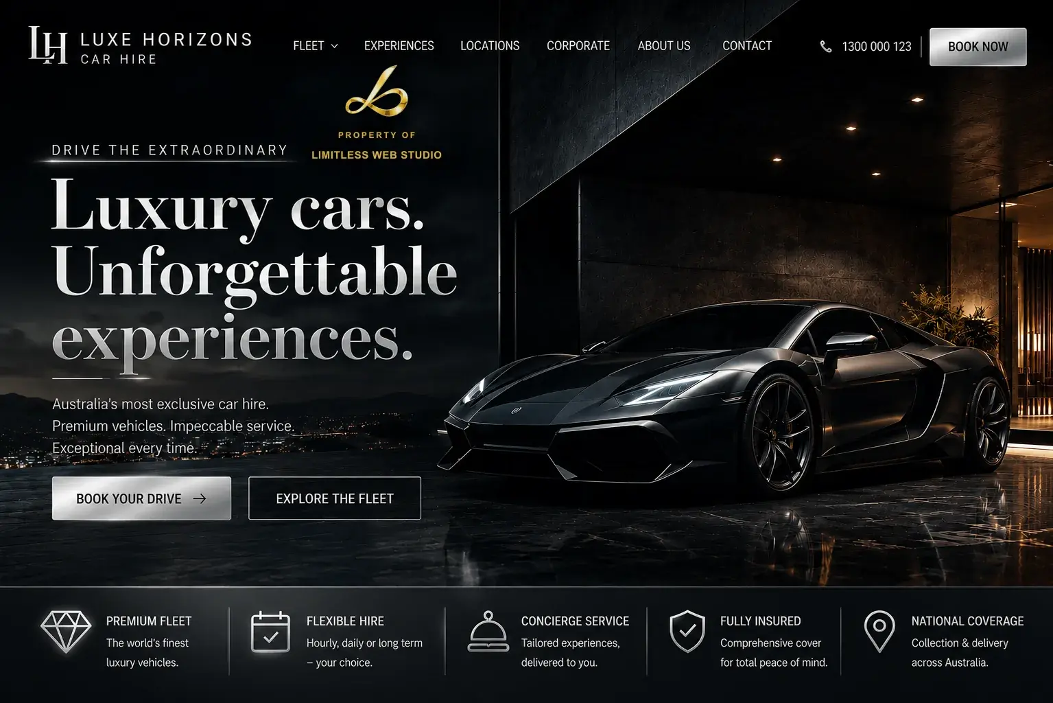 Luxe Horizons Car Hire, Luxury car hire website hero design by Limitless Web Studio
