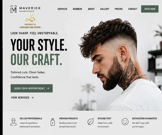 Maverick Barbershop, Sage minimal website hero design by Limitless Web Studio