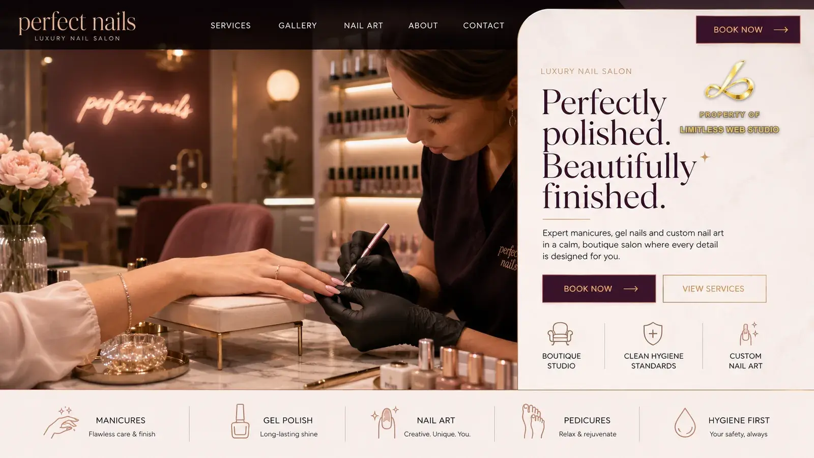 Perfect Nails, Luxury nail salon website hero design by Limitless Web Studio