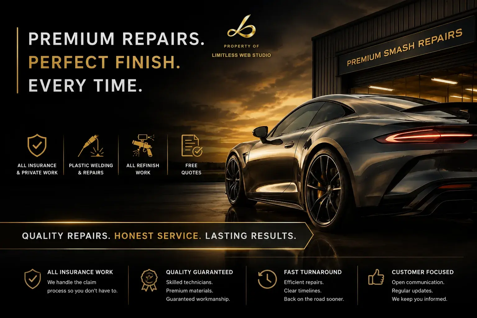 Premium Smash Repairs, Smash repairs & refinishing website hero design by Limitless Web Studio