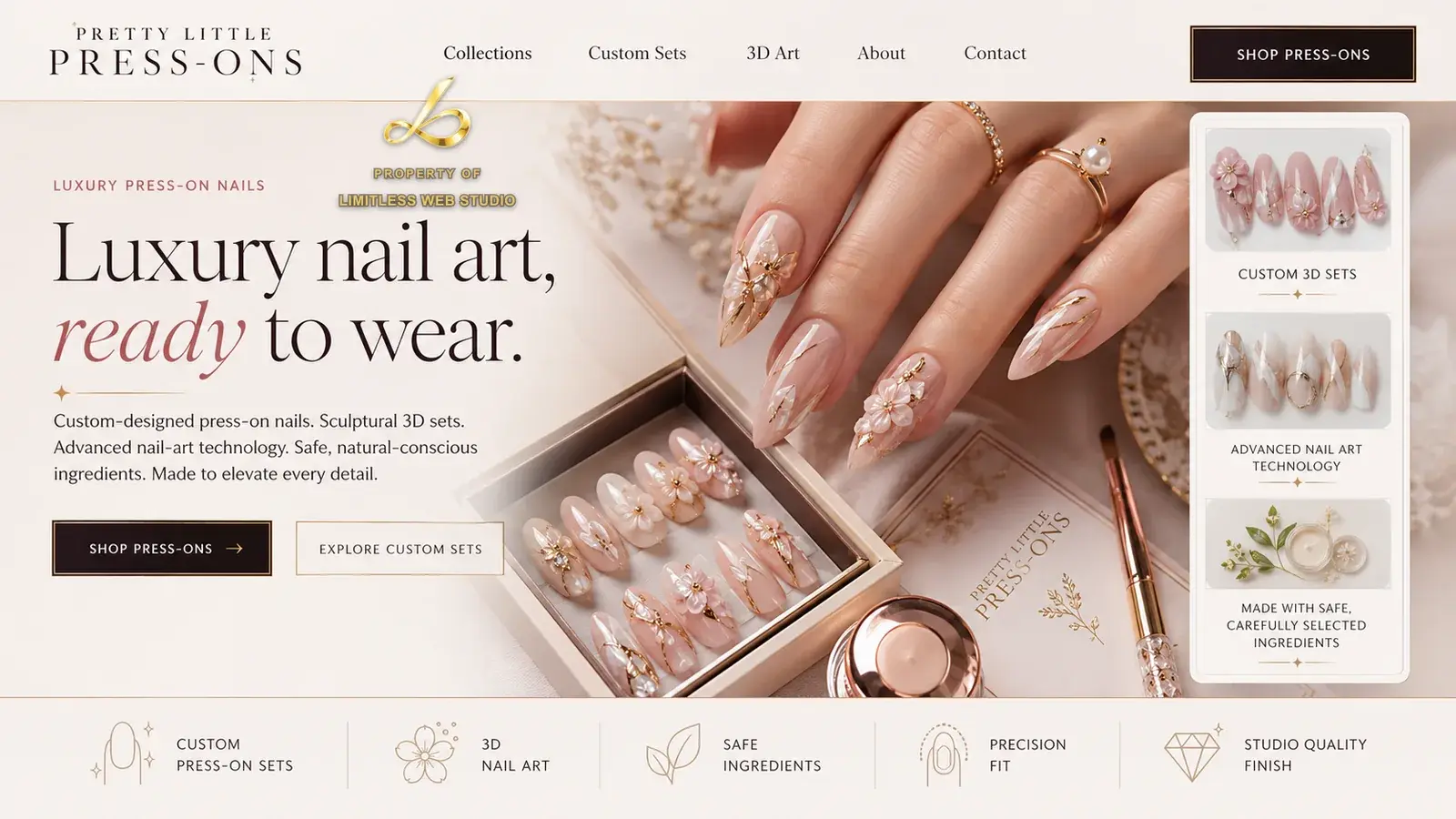 Pretty Little Press-Ons, Luxury press-on nails website hero design by Limitless Web Studio