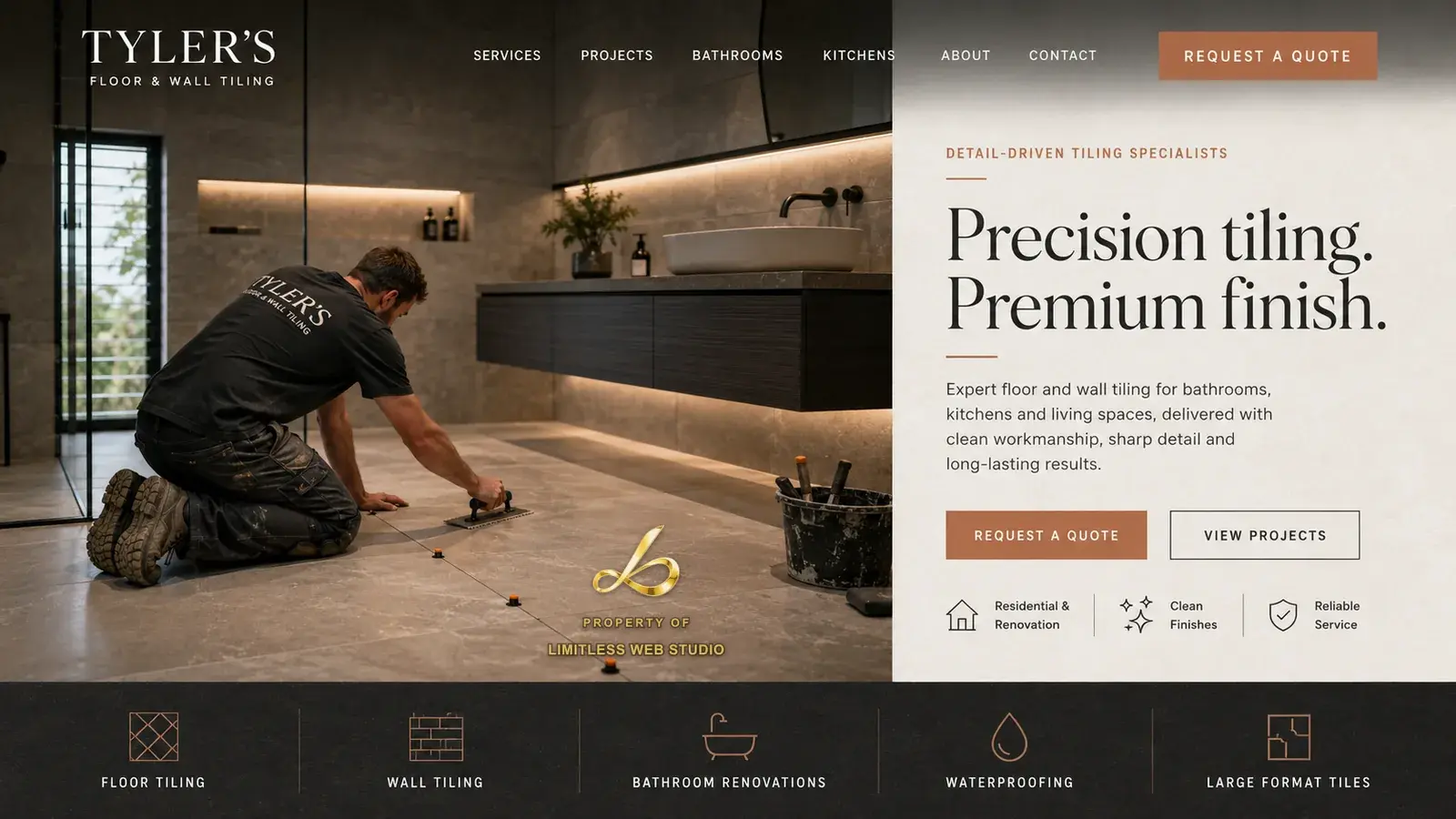 Tyler's Floor & Wall Tiling, Floor & wall tiling website hero design by Limitless Web Studio