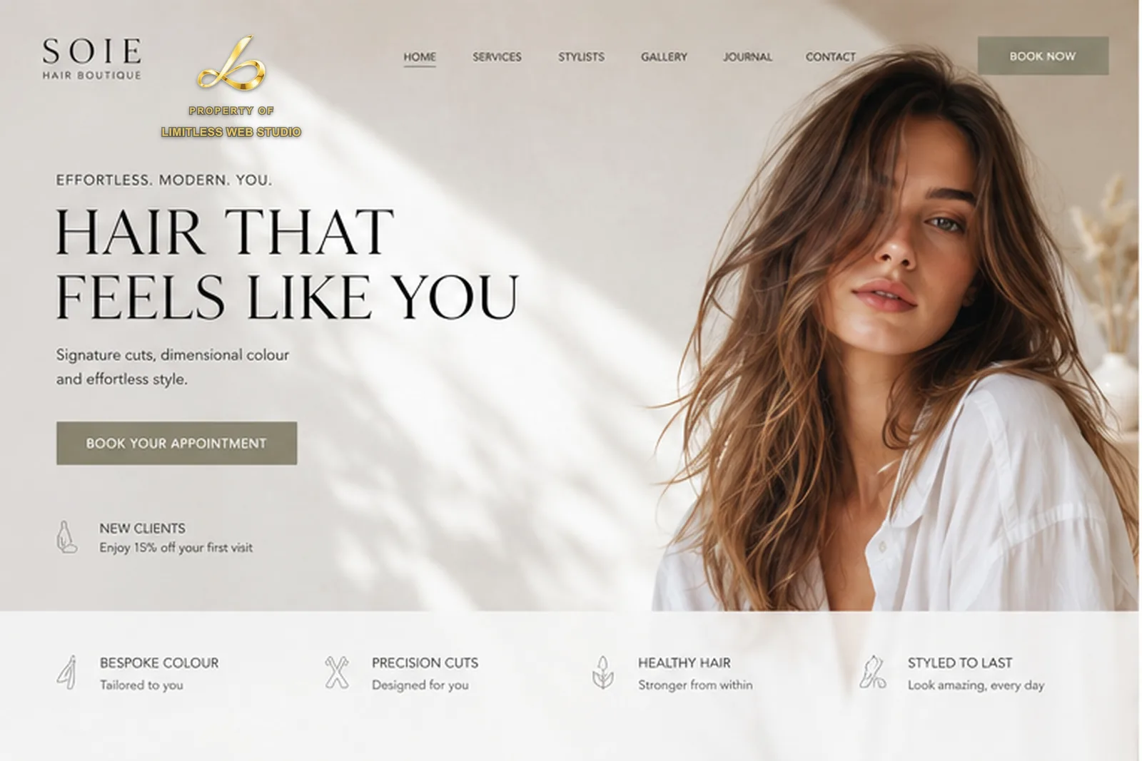Soie Hair Boutique — Neutral editorial website hero design by Limitless Web Studio