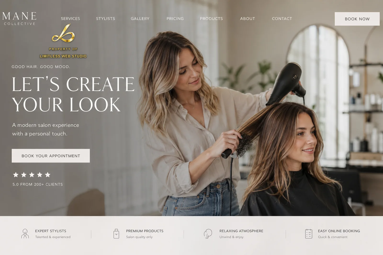 Mane Collective — Blow-dry bar website hero design by Limitless Web Studio