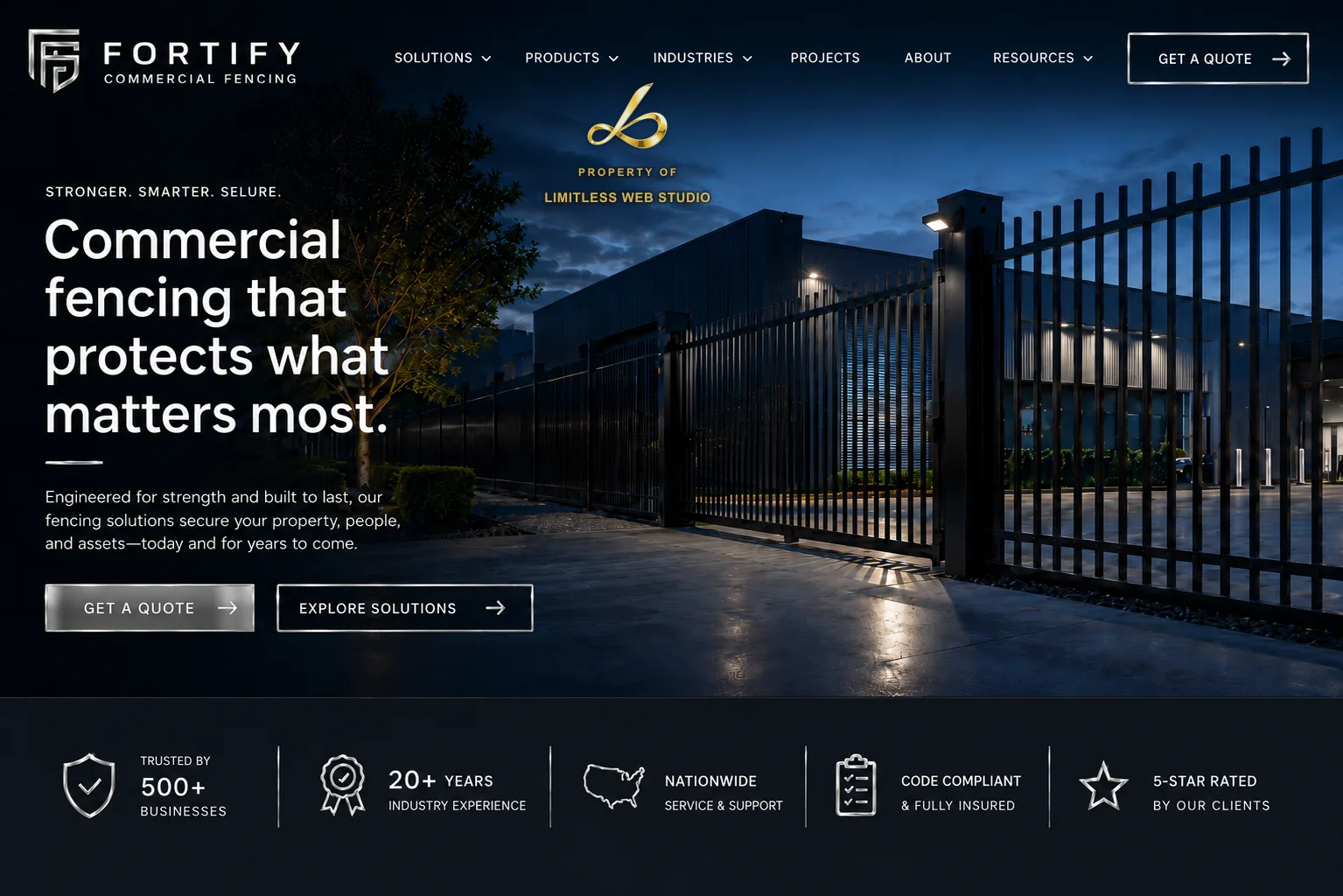 Fortify Commercial Fencing — Commercial fencing website hero design by Limitless Web Studio