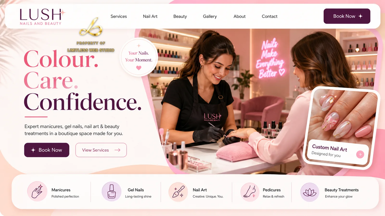 Lush Nails & Beauty — Bold & playful website hero design by Limitless Web Studio