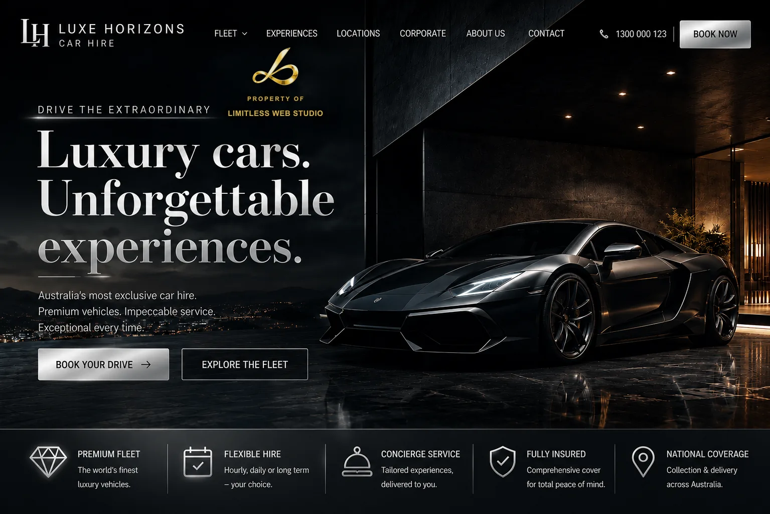 Luxe Horizons Car Hire — Luxury car hire website hero design by Limitless Web Studio