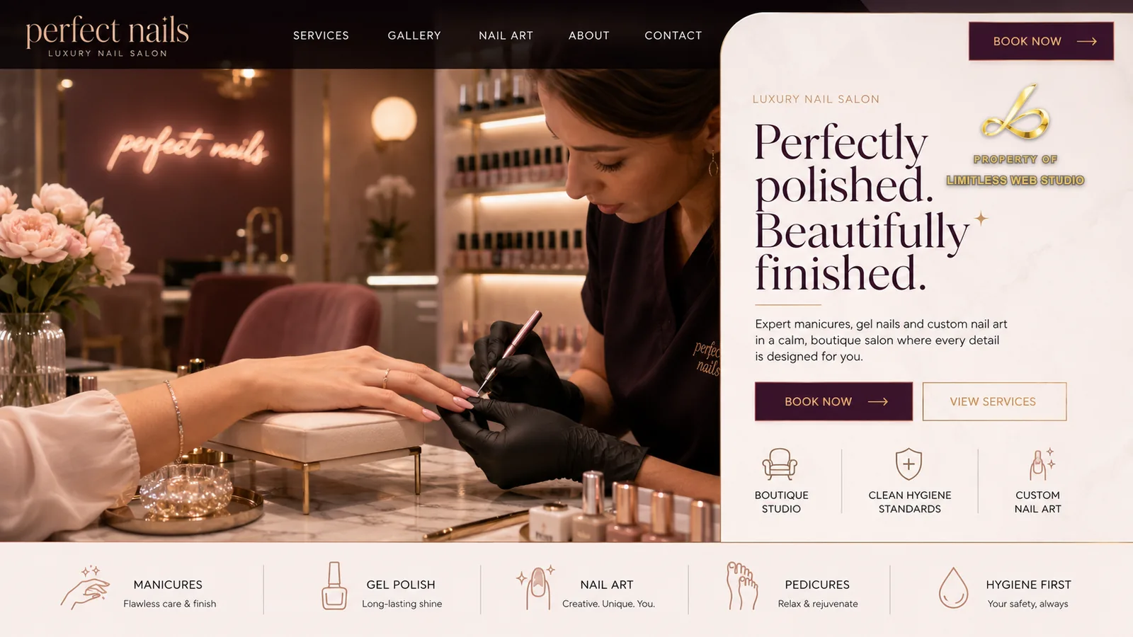 Perfect Nails — Luxury nail salon website hero design by Limitless Web Studio